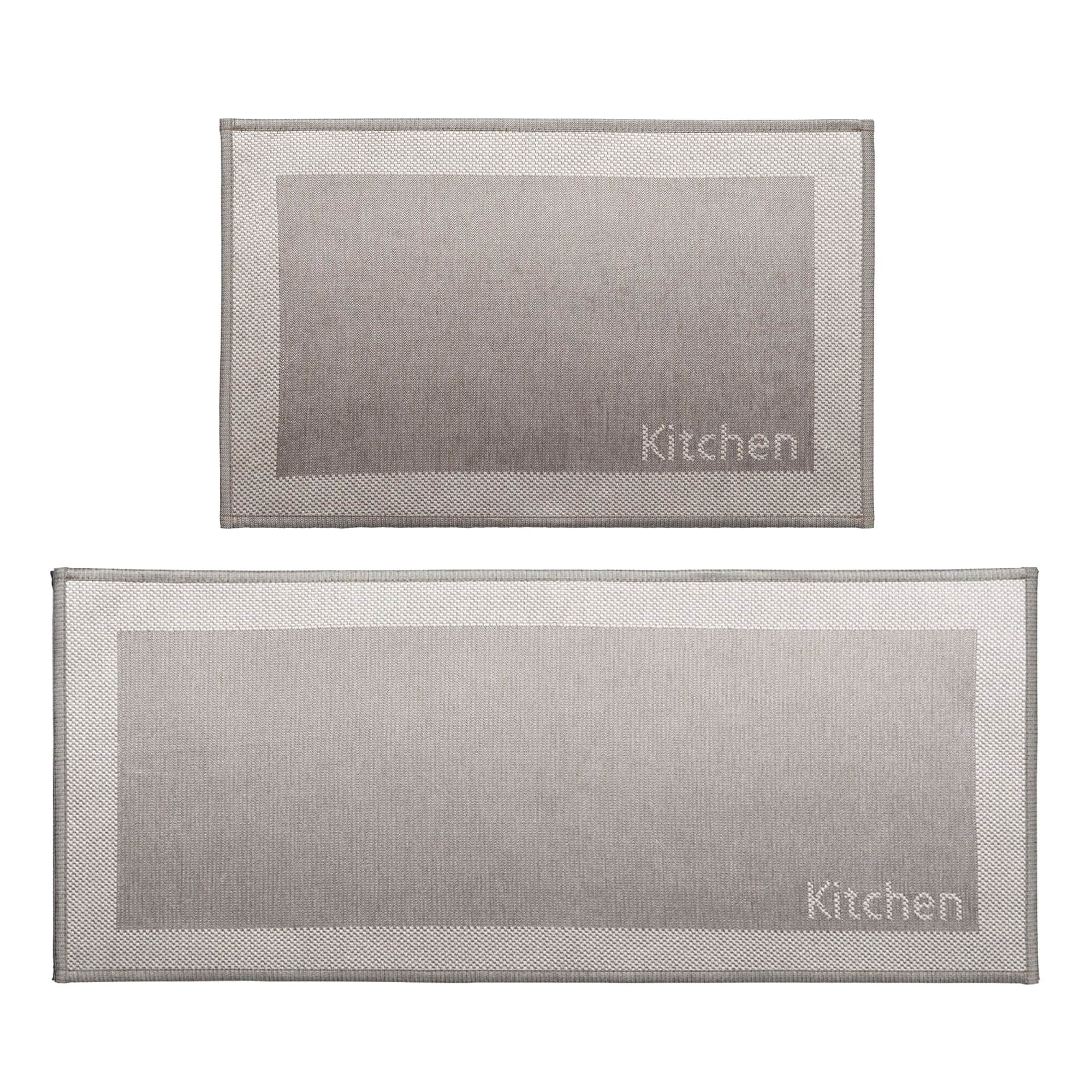 1- Two piece taupe and cream bordered kitchen rug set with woven Kitchen word, mat and runner on white background
