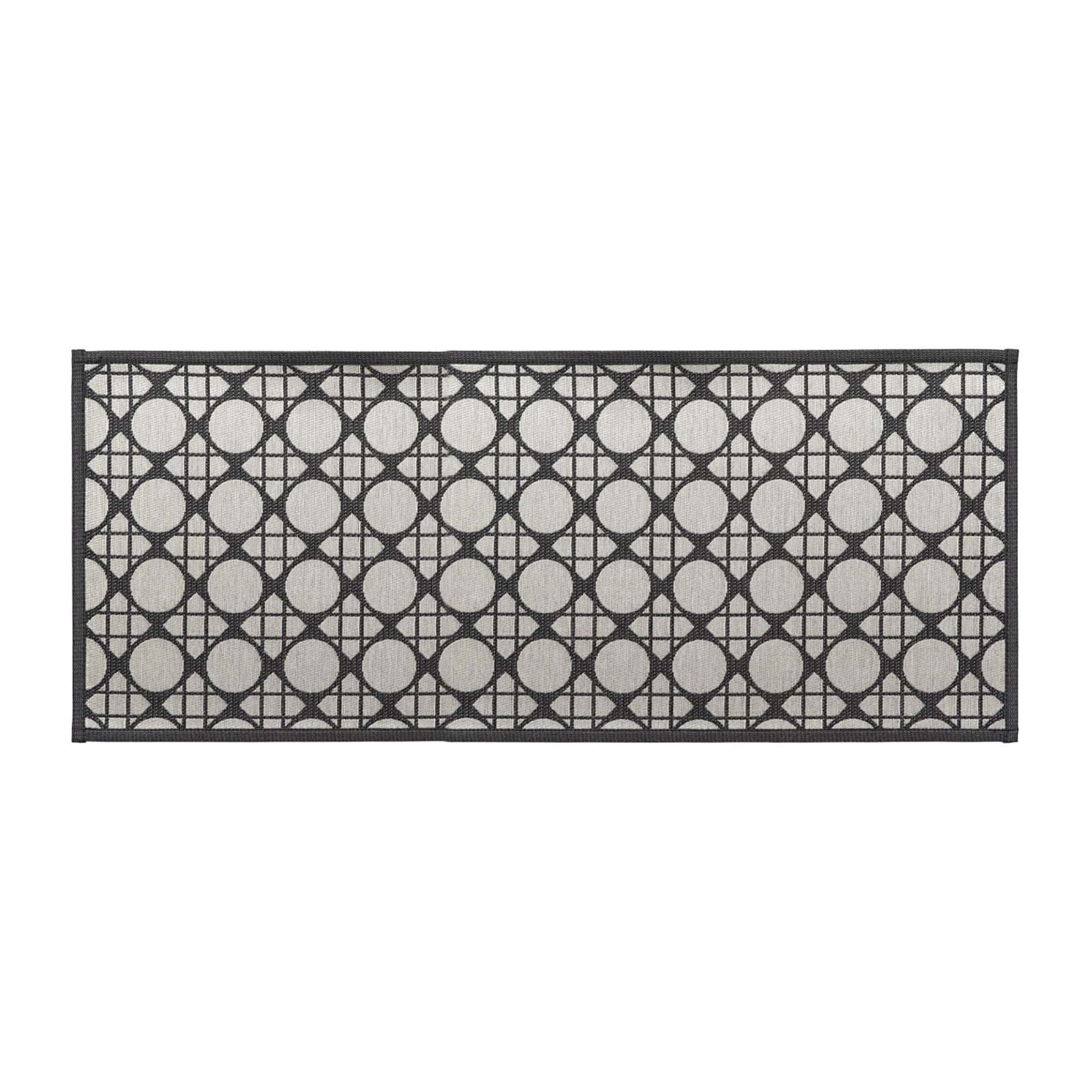 1- Cream and charcoal kitchen runner with cane circle lattice pattern, shown flat on white background