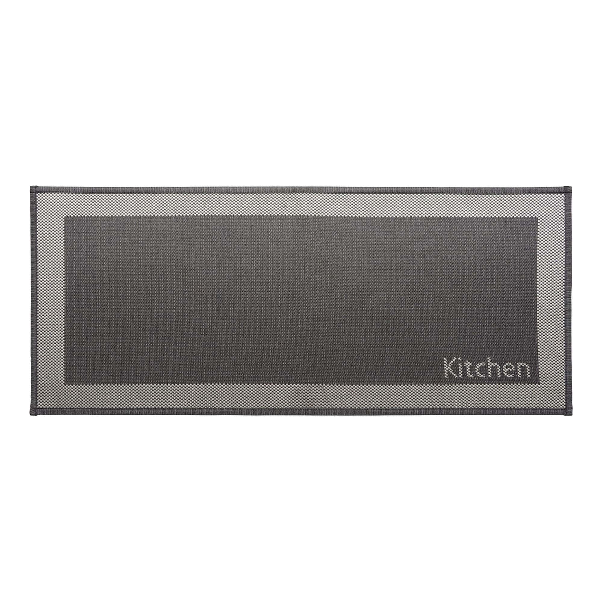 1- Charcoal and cream bordered kitchen runner with woven Kitchen word, shown flat on white background