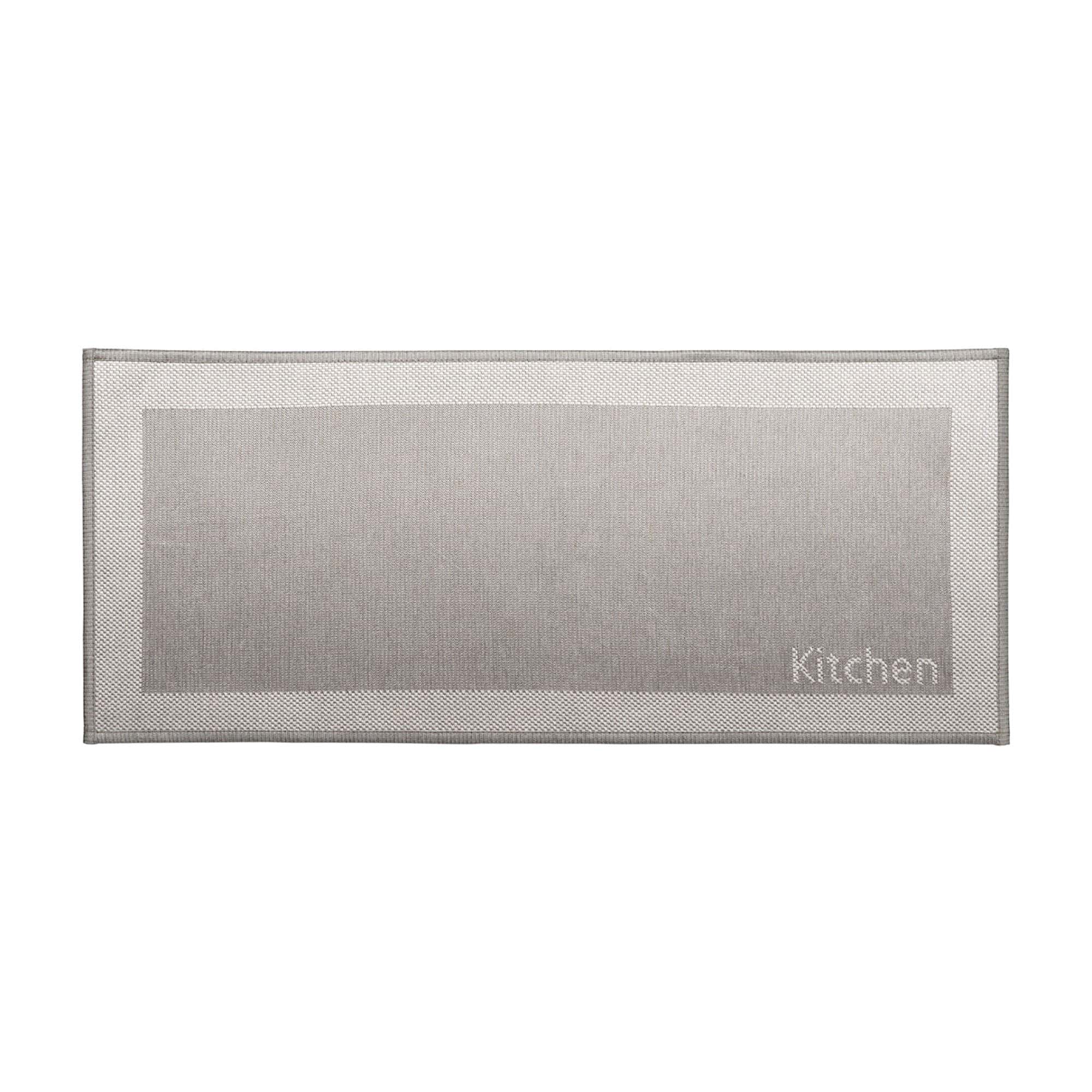 1- Taupe and cream bordered kitchen runner rug with woven Kitchen word lettering, flat top view
