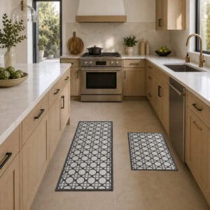 2- Cream and charcoal cane circle kitchen mat and runner set on tile floor in a light wood kitchen