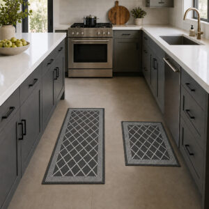 2- Charcoal gray diamond trellis kitchen mat and runner set on tile floor in a gray and stainless kitchen