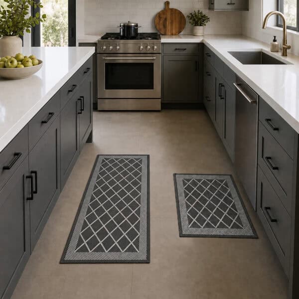2- Charcoal gray diamond trellis kitchen mat and runner set on tile floor in a gray and stainless kitchen