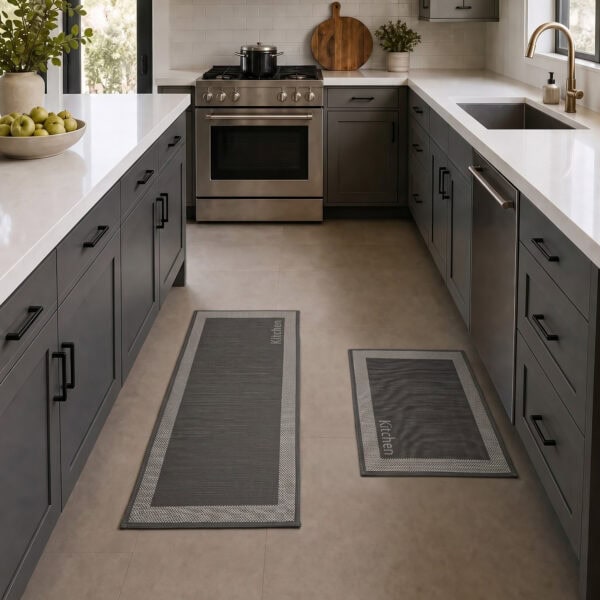 2- Charcoal and cream bordered kitchen mat and runner set with Kitchen word on tile floor in a gray kitchen