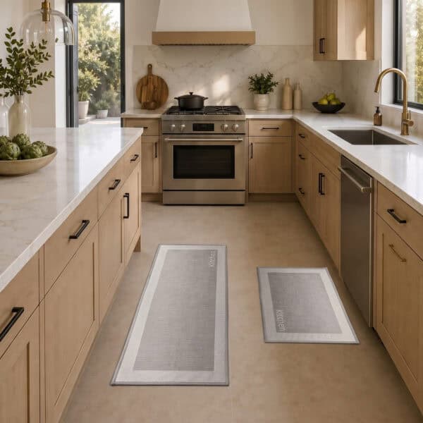 2- Taupe and cream bordered kitchen mat and runner set with Kitchen word on tile floor in a light wood kitchen