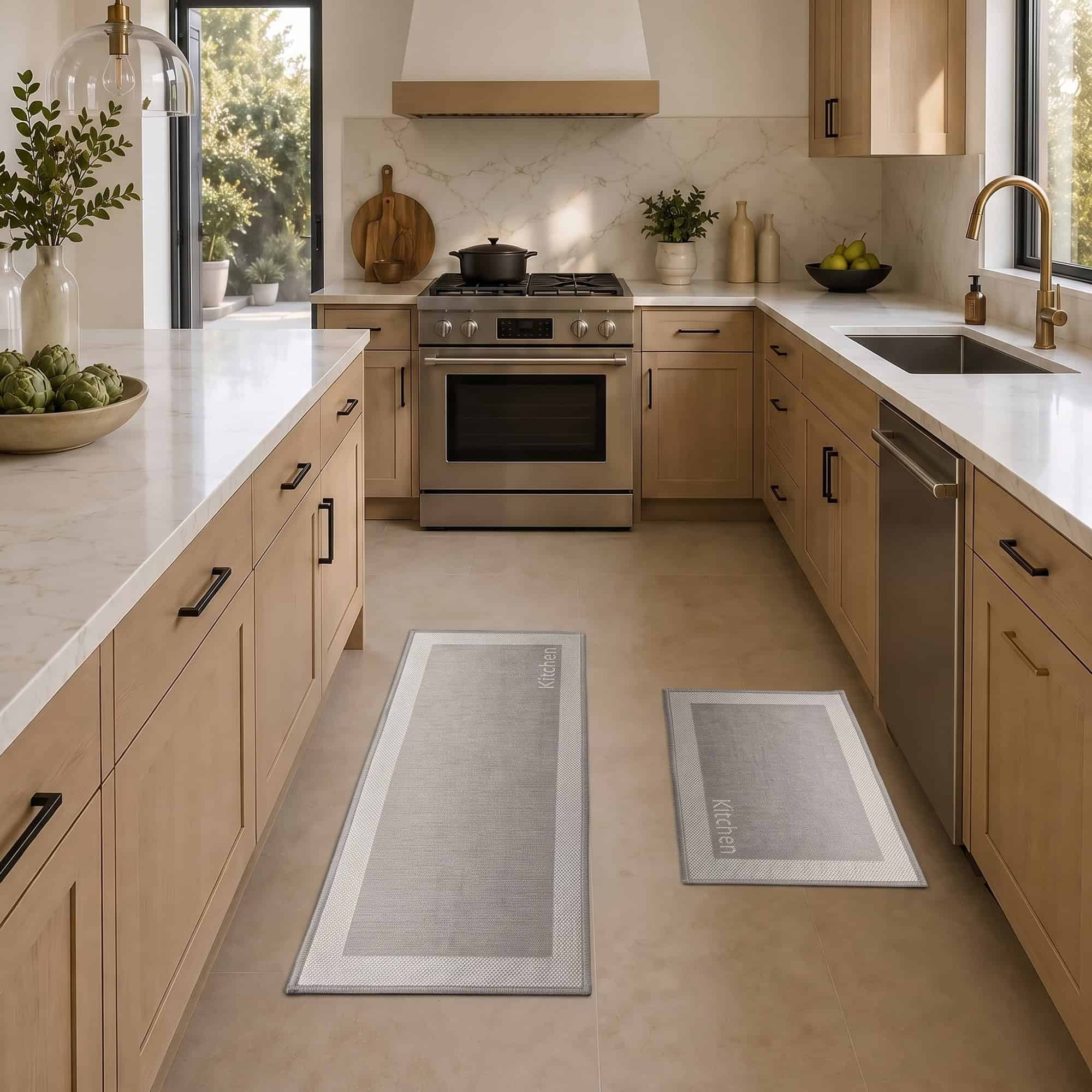 2- Taupe and cream bordered kitchen mat and runner set with Kitchen word on tile floor in a light wood kitchen