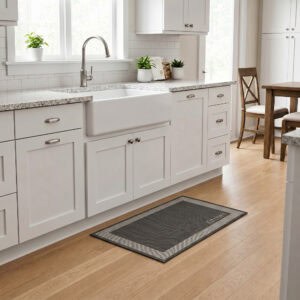 2- Charcoal and cream bordered kitchen rug with Kitchen word in front of a white farmhouse sink on wood flooring