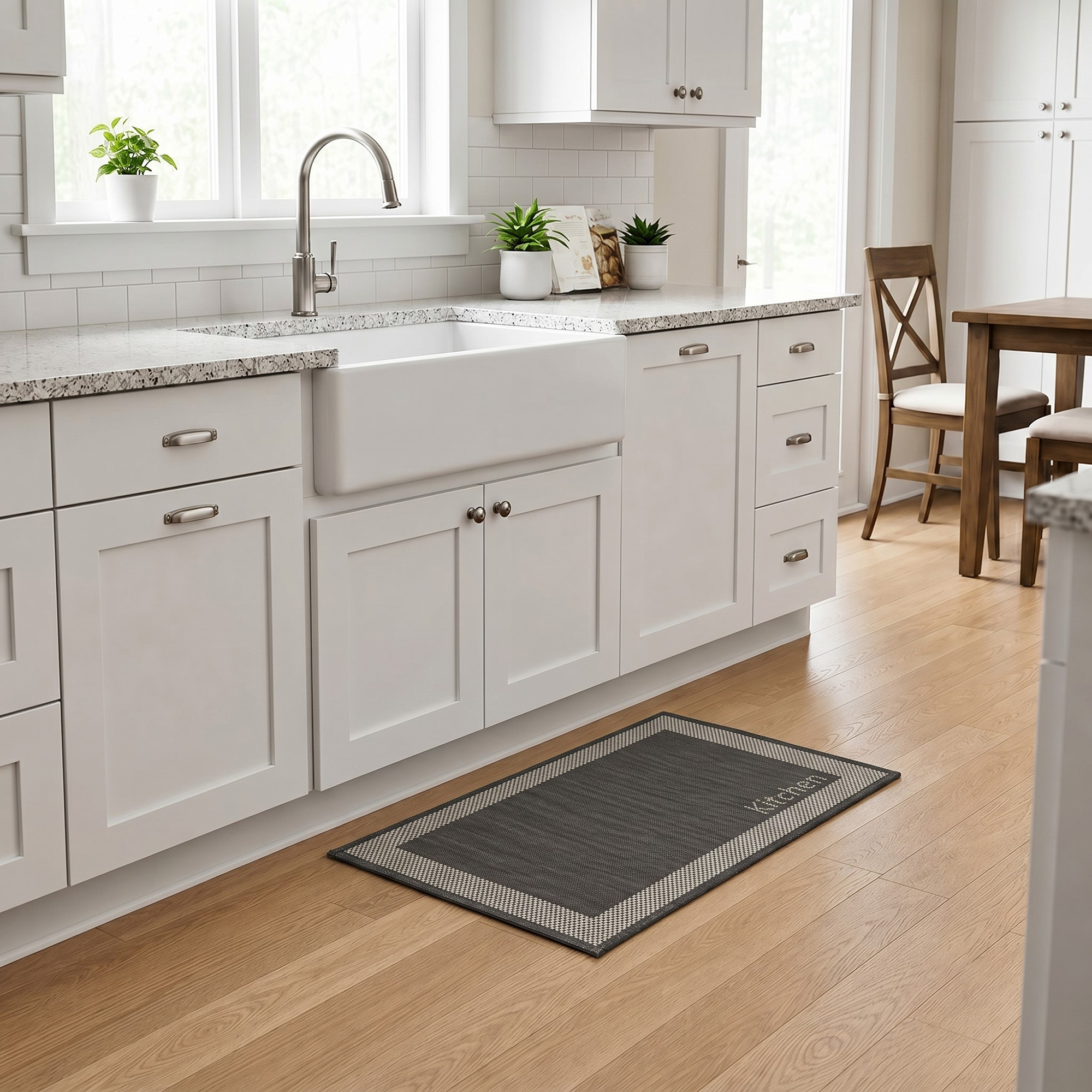 2- Charcoal and cream bordered kitchen rug with Kitchen word in front of a white farmhouse sink on wood flooring