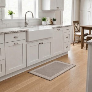 2- Taupe and cream bordered kitchen rug with Kitchen word in front of a white farmhouse sink on light wood flooring
