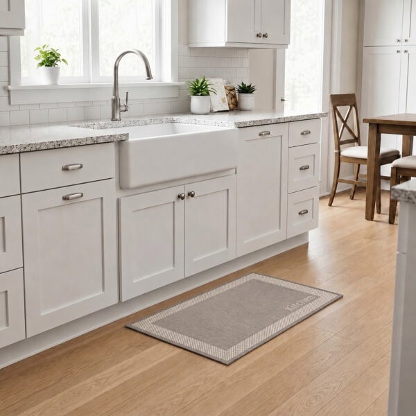 2- Taupe and cream bordered kitchen rug with Kitchen word in front of a white farmhouse sink on light wood flooring