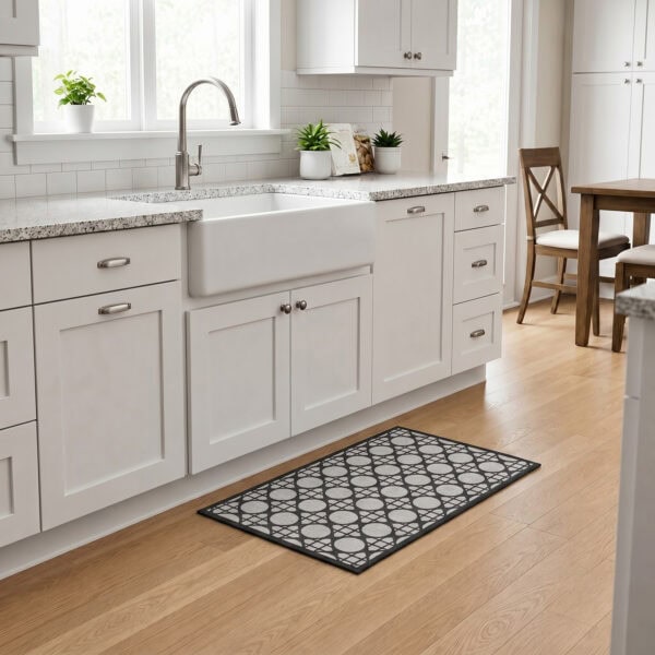2- Cream and charcoal cane pattern kitchen rug in front of a white farmhouse sink on light wood flooring