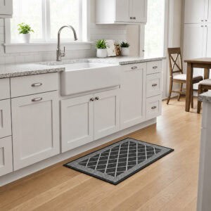 2- Charcoal gray diamond trellis kitchen rug in front of a white farmhouse sink on light wood flooring