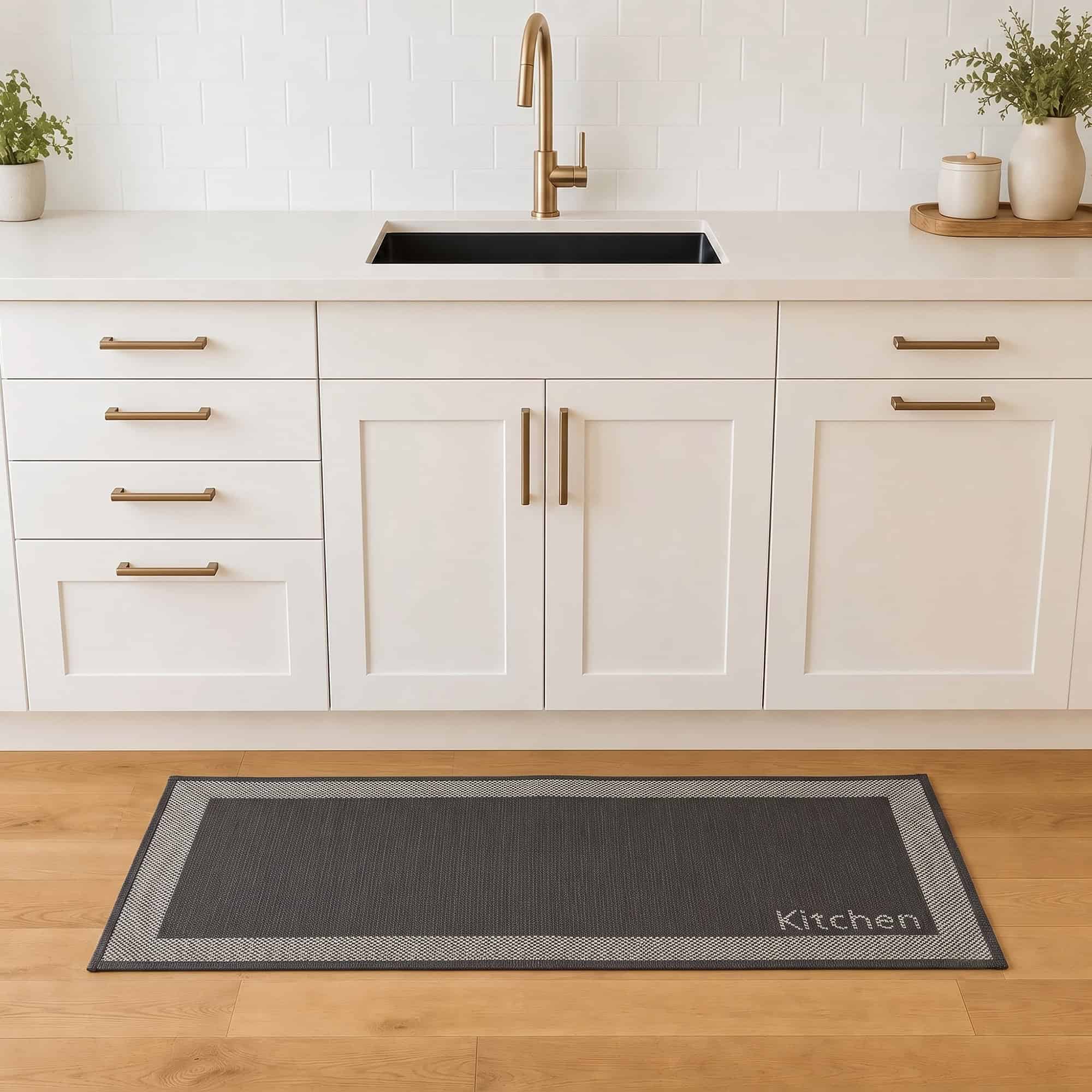2- Charcoal and cream bordered kitchen runner with Kitchen word on wood floor in front of a white sink