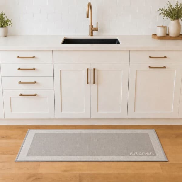 2- Kitchen runner mat in front of sink on wood floor, taupe with cream border and Kitchen lettering