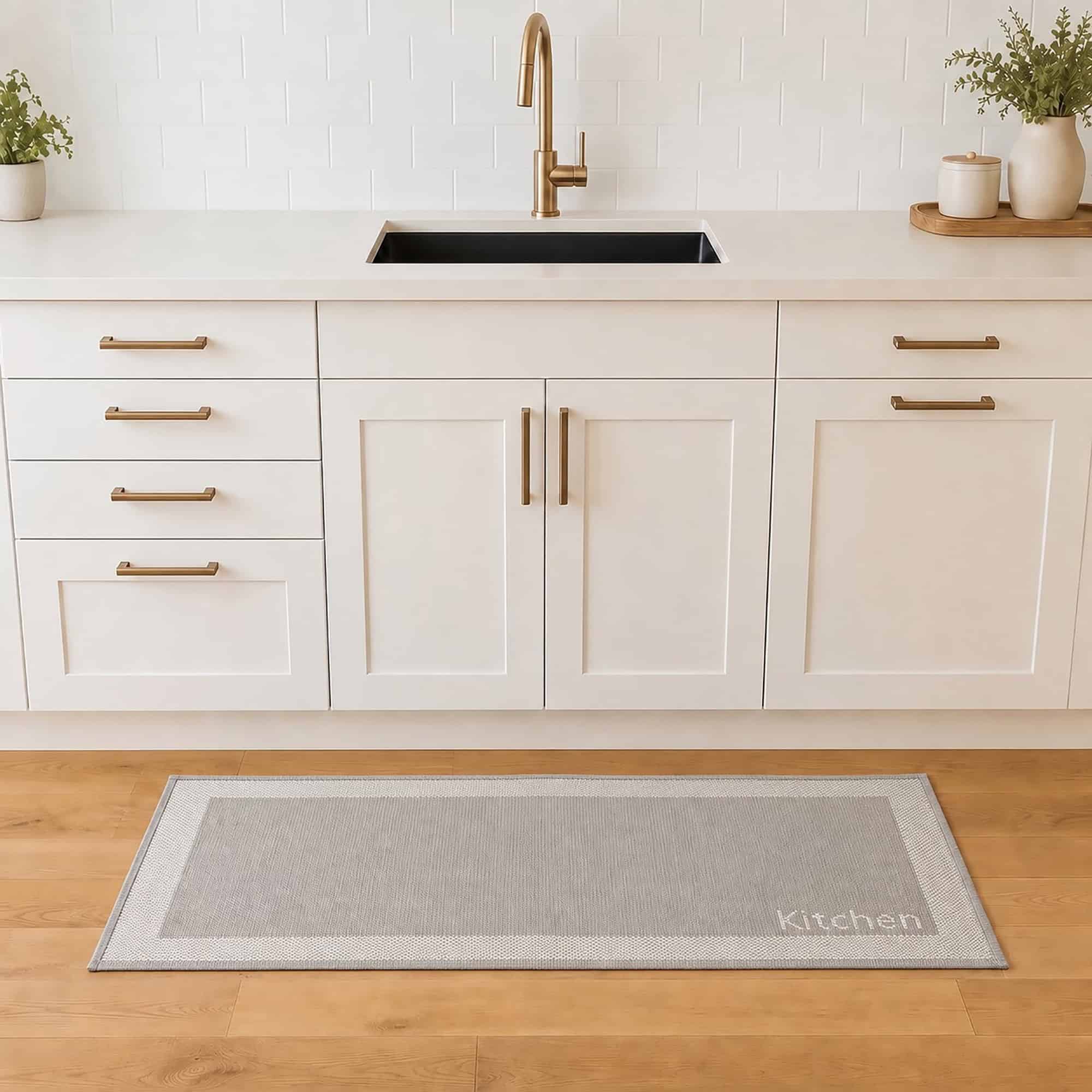 2- Kitchen runner mat in front of sink on wood floor, taupe with cream border and Kitchen lettering
