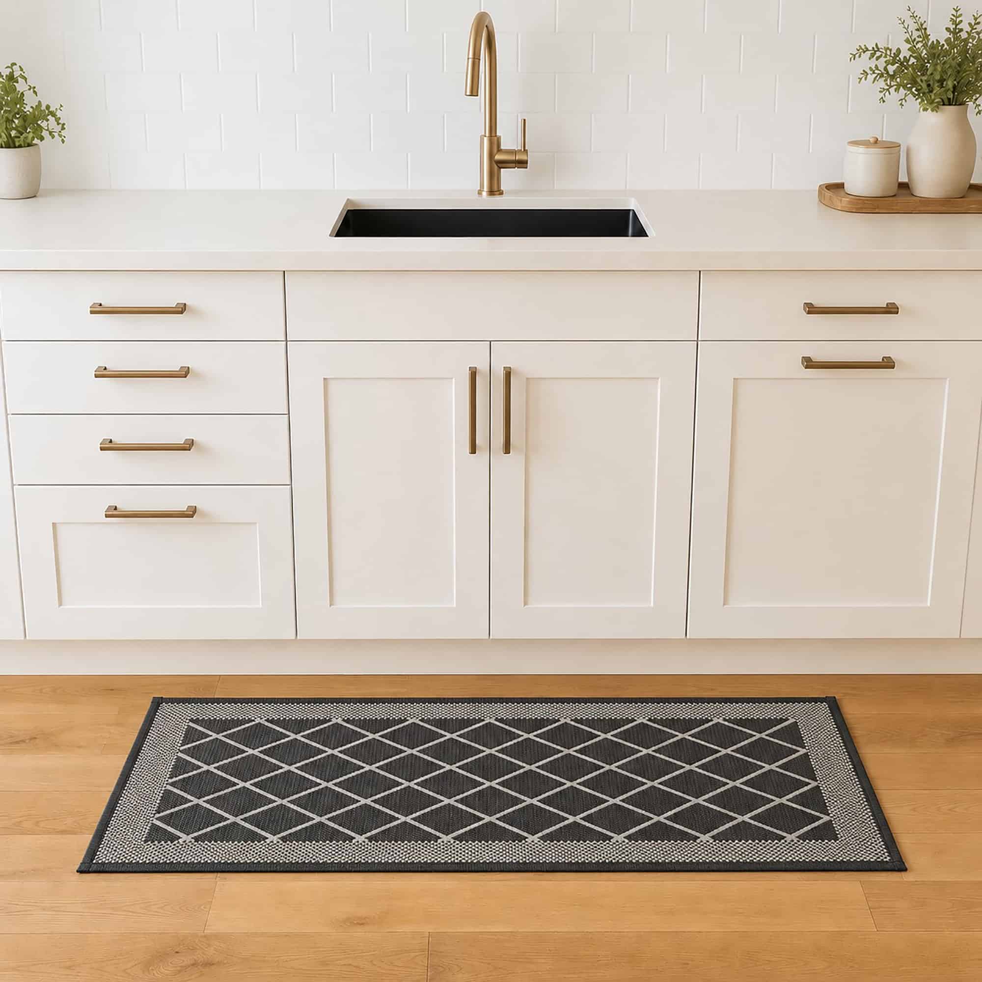2- Charcoal gray diamond trellis kitchen runner with cream border on wood floor in front of a white sink