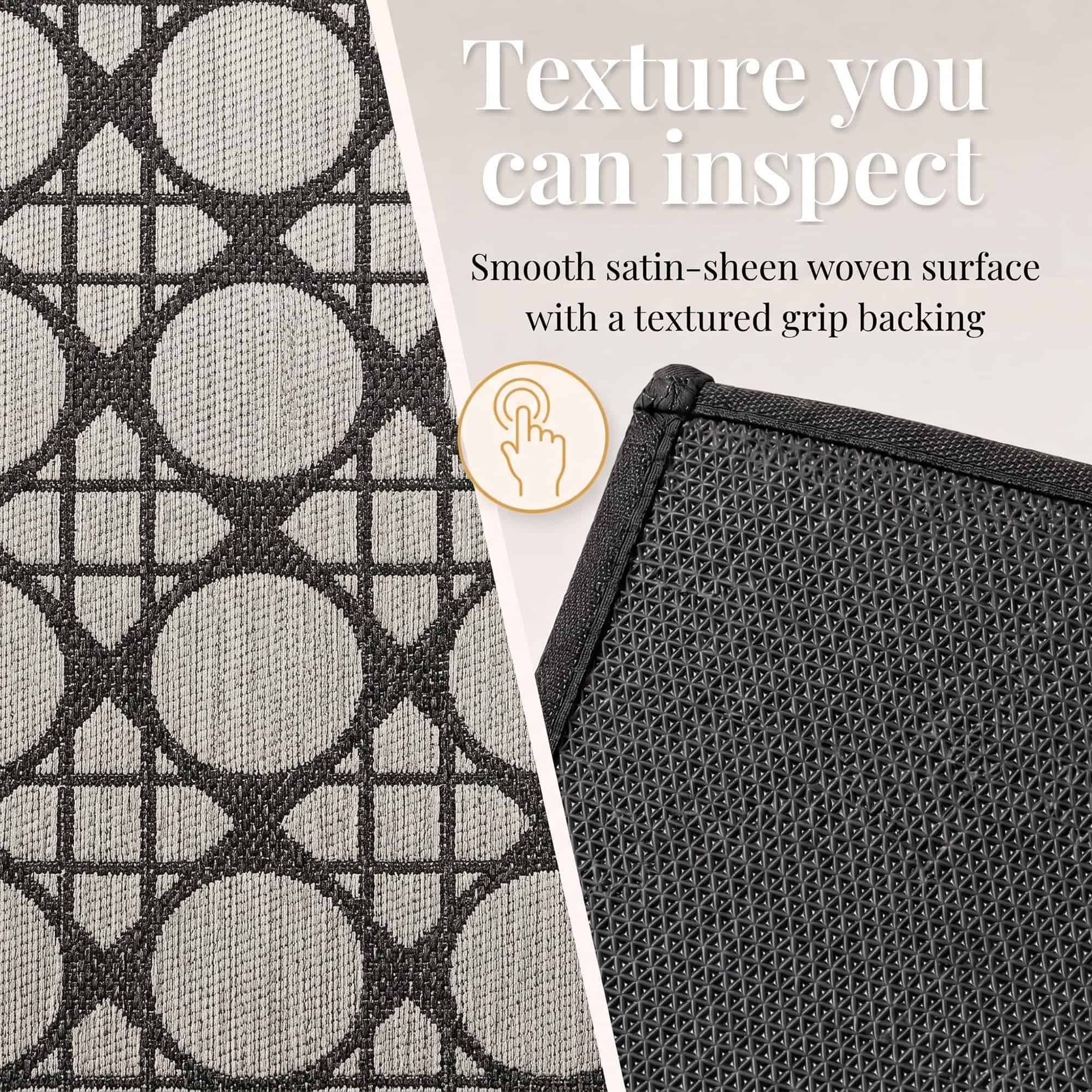 3- Close-up of cream and charcoal kitchen rug satin sheen woven surface and textured grip backing