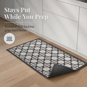 4- Cream and charcoal kitchen mat with corner folded back to show textured TPR backing that grips hard floors