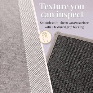 4- Close-up of taupe and cream kitchen rug satin sheen woven surface and textured grip backing
