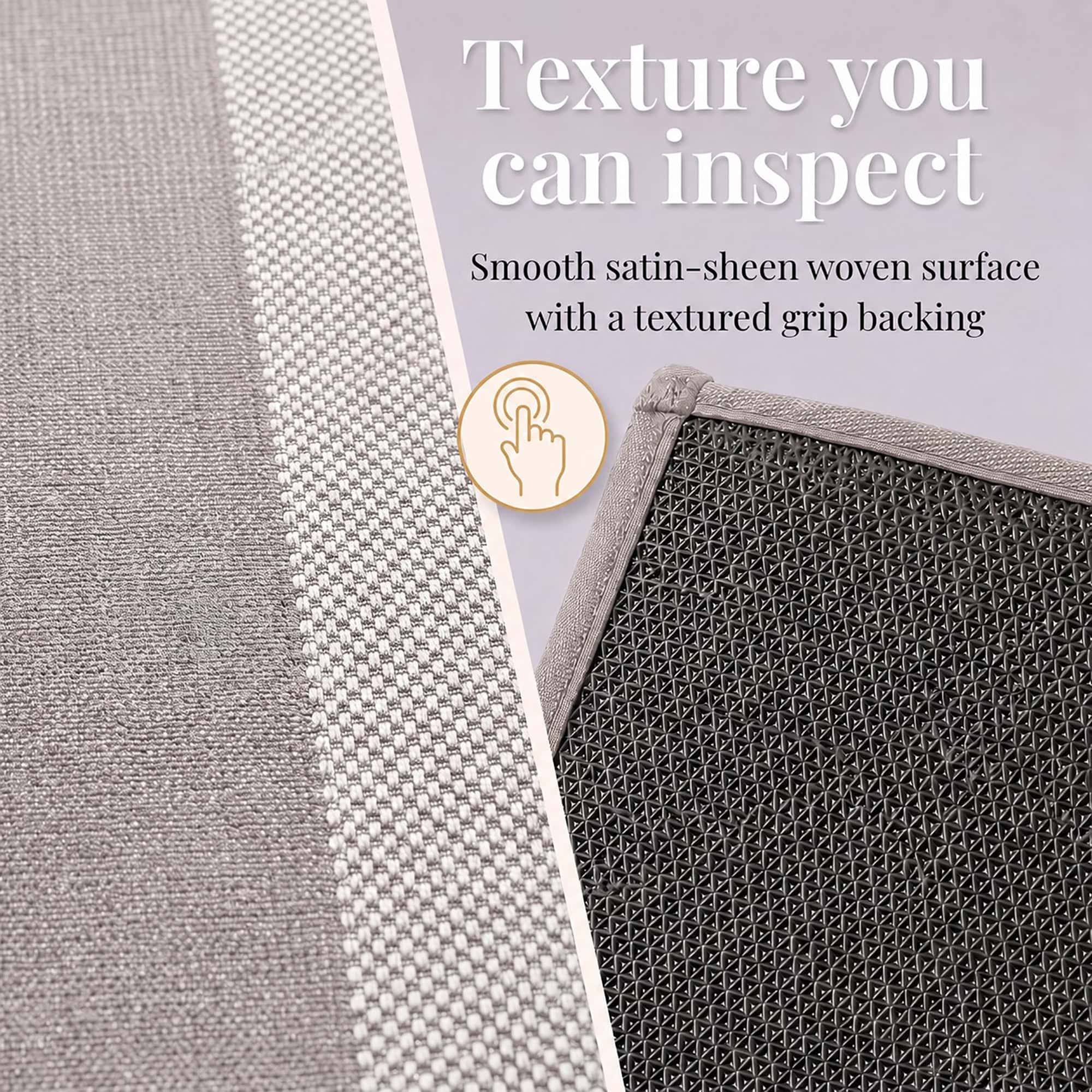 4- Close-up of taupe and cream kitchen rug satin sheen woven surface and textured grip backing