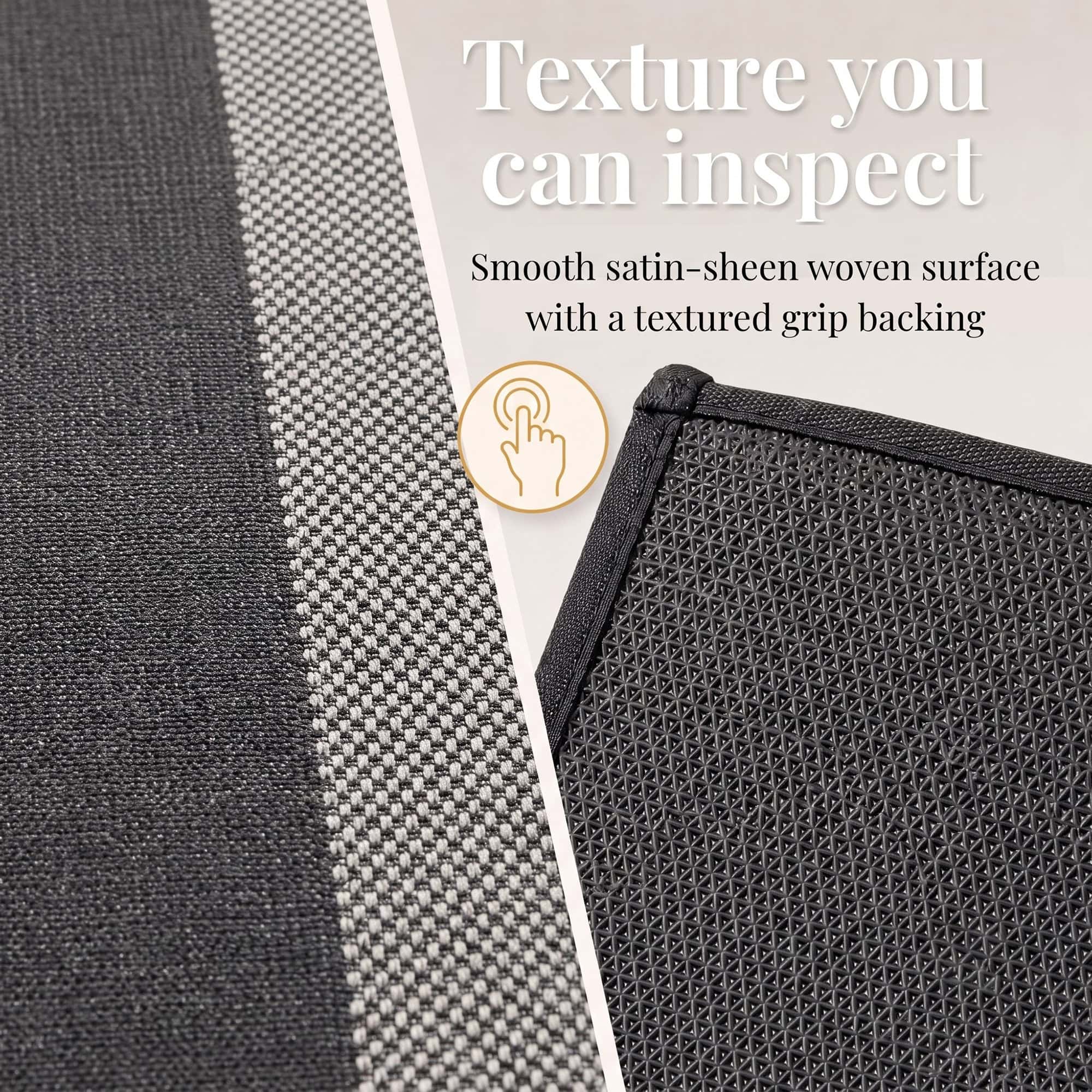 4- Close-up of charcoal and cream kitchen runner satin sheen woven surface and textured grip backing