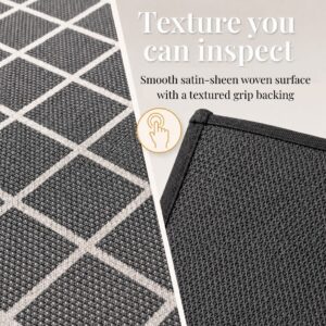4- Close-up of charcoal gray diamond trellis kitchen runner satin sheen woven surface and textured grip backing
