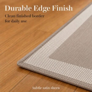 5- Close-up of taupe and cream kitchen mat clean finished border with a subtle satin sheen on the edge