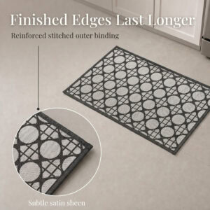 5- Close-up of cream and charcoal kitchen mat reinforced stitched binding with a subtle satin sheen on the edge