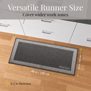 5- Charcoal and cream bordered kitchen runner with Kitchen word on wood floor, 48 by 20 inches for wider work zones