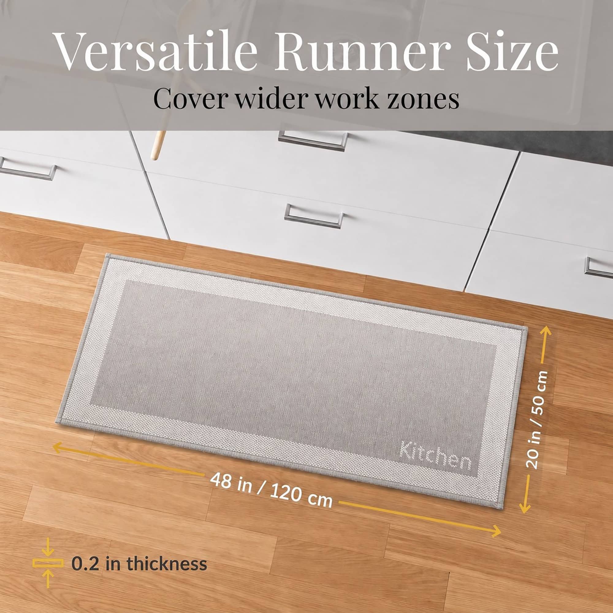 5- Taupe kitchen runner rug 48 x 20 inches covering a wide work zone in front of cabinets
