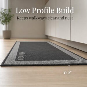 6- Low profile charcoal kitchen mat with cream border and woven Kitchen word, 0.2 inch thin, lying flat on wood floor