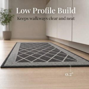 6- Low profile charcoal gray diamond kitchen mat, 0.2 inch thin, lying flat to keep walkways clear