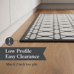 6- Low profile cream and charcoal cane circle kitchen mat, 0.2 inch low pile, lying flat for easy clearance