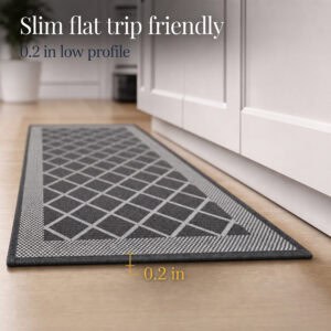 6- Low profile charcoal gray diamond trellis kitchen runner, 0.2 inch thin, lying flat on wood floor