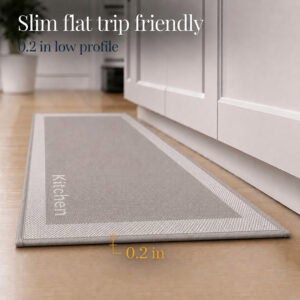 6- Slim low profile taupe kitchen runner lying flat at 0.2 inch thickness along cabinet base
