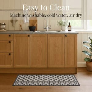 7- Cream and charcoal cane circle kitchen runner on wood floor, machine washable in cold water and air dry