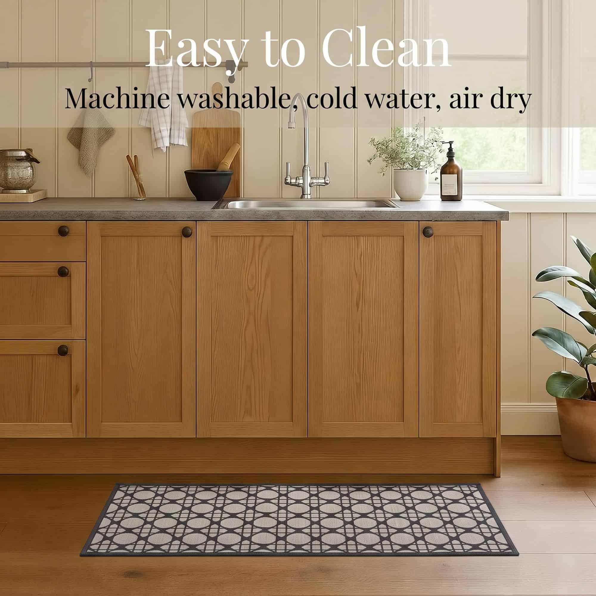 7- Cream and charcoal cane circle kitchen runner on wood floor, machine washable in cold water and air dry