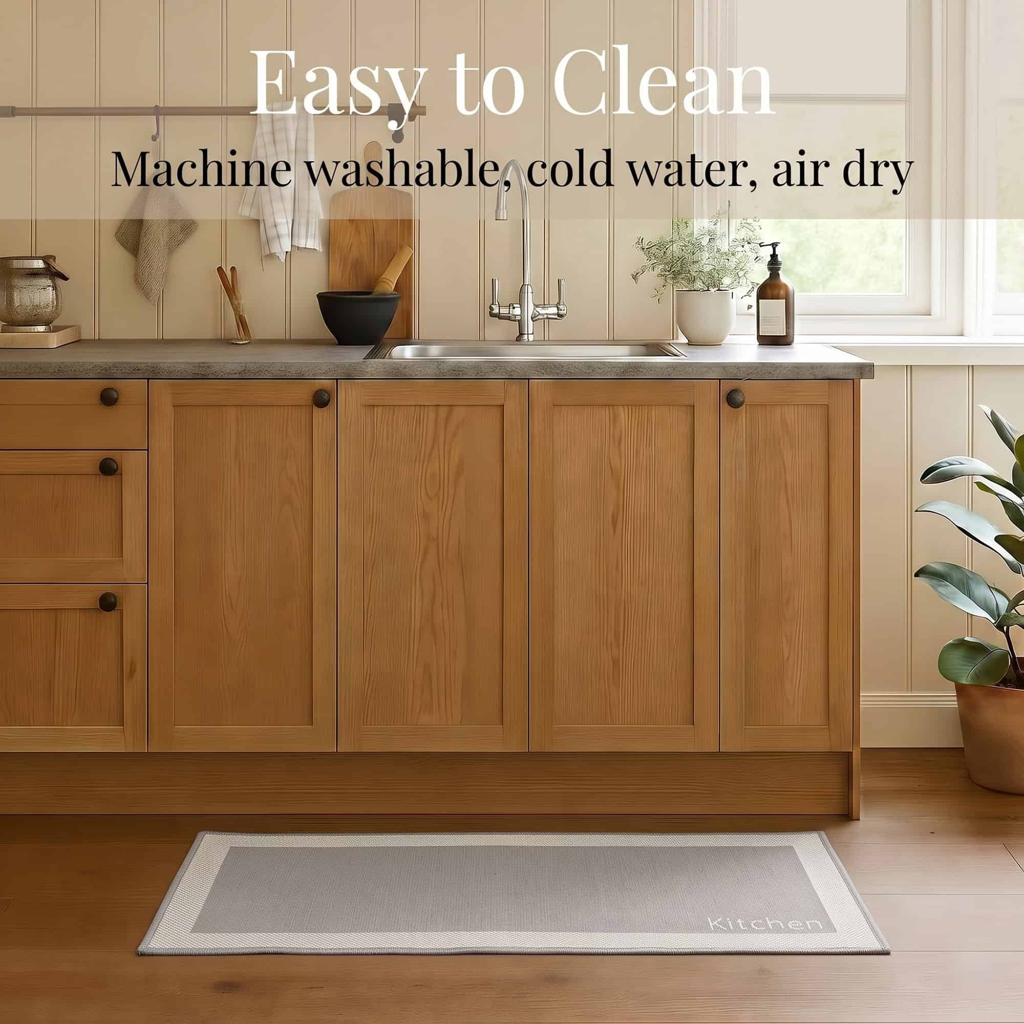 7- Taupe kitchen runner on wood floor, machine washable in cold water and air dry