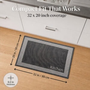 8- Top view of charcoal and cream bordered kitchen mat measuring 32 by 20 inches, 0.2 inch thick, at the sink