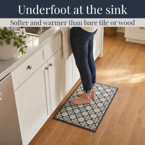 8- Barefoot person standing on cream and charcoal cane circle kitchen mat at the sink, cushioned on hardwood floor