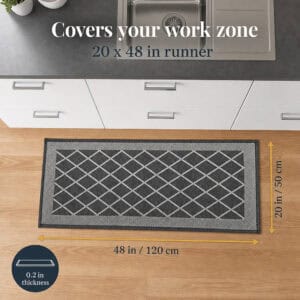 8- Charcoal gray diamond trellis kitchen runner at the sink, 20 by 48 inches, sized to cover the work zone