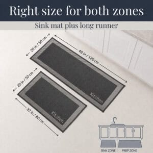 9- Charcoal and cream kitchen mat and runner set, 32 inch mat and 48 inch runner, sized for sink and prep zones