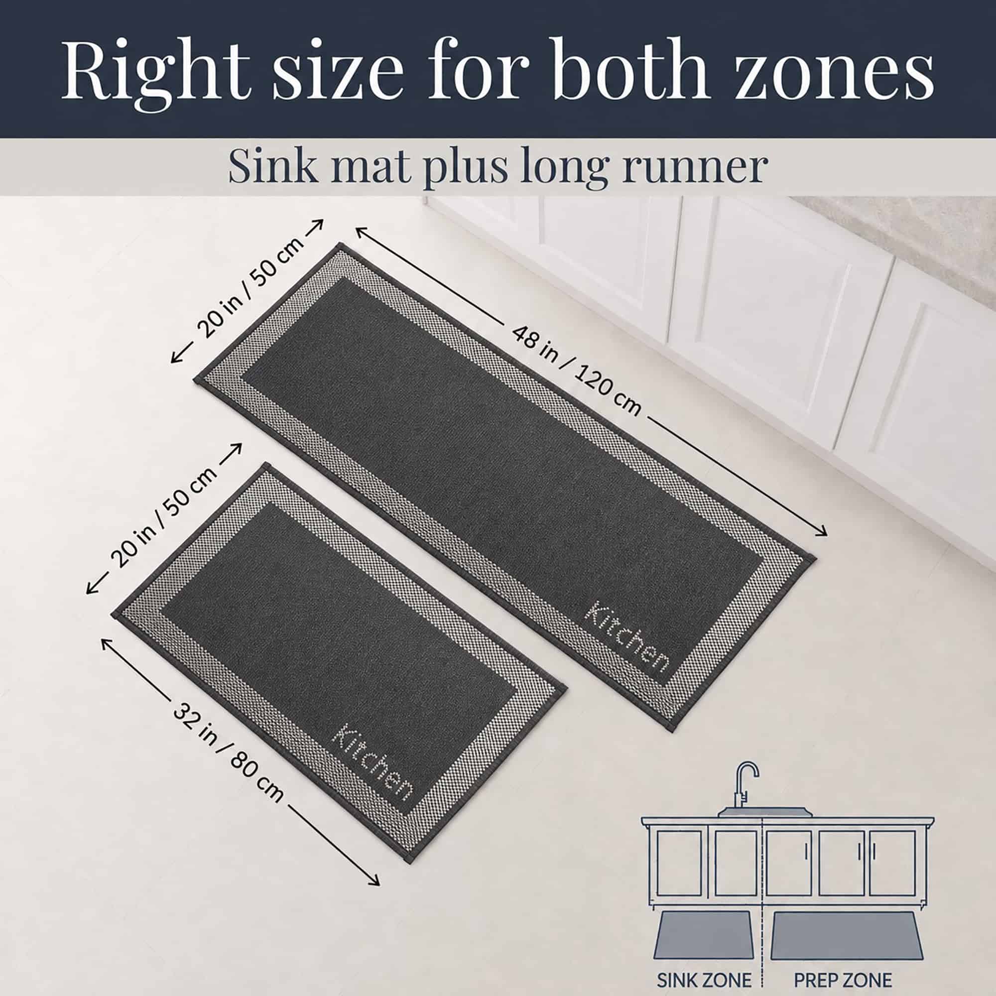 9- Charcoal and cream kitchen mat and runner set, 32 inch mat and 48 inch runner, sized for sink and prep zones
