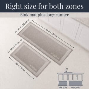 9- Taupe and cream kitchen mat and runner set, 32 inch mat and 48 inch runner, sized for sink and prep zones