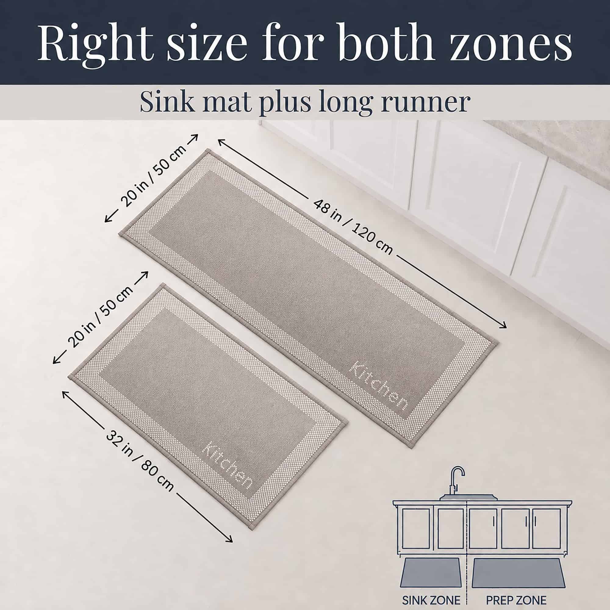 9- Taupe and cream kitchen mat and runner set, 32 inch mat and 48 inch runner, sized for sink and prep zones