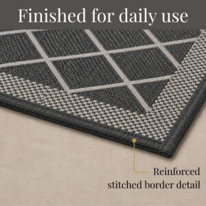 9- Close-up of charcoal gray diamond trellis kitchen runner corner with reinforced stitched border detail