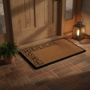 HELLO HOME doormat at rustic porch door