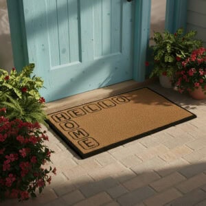 HELLO HOME doormat at bright outdoor entry