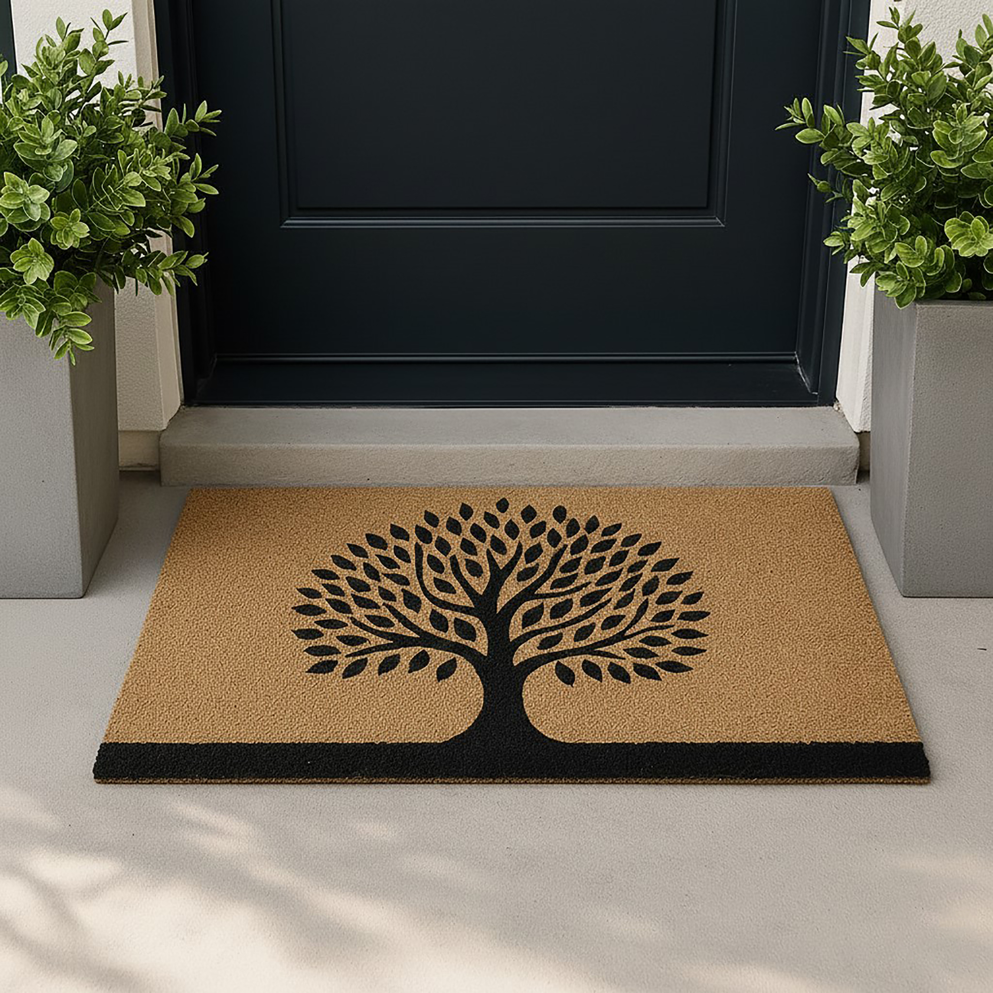 Tree of Life doormat at dark front door with planters
