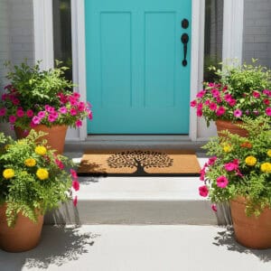 Tree of Life doormat at bright porch with flowers
